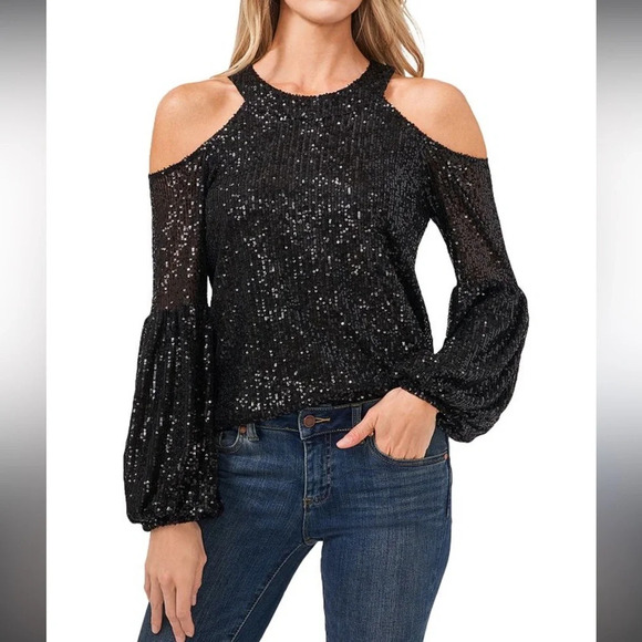 New with tags xxs Cece back sequin cold shoulder blouse puff sleeves gorgeous - Picture 1 of 4
